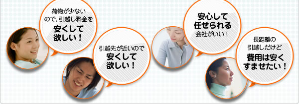 荷物が少ないので、引越し料金を安くして欲しい！ 引越先が近いので安くして欲しい！ 安心して任せられる会社がいい！ 長距離の引越しだけど費用は安くすませたい！